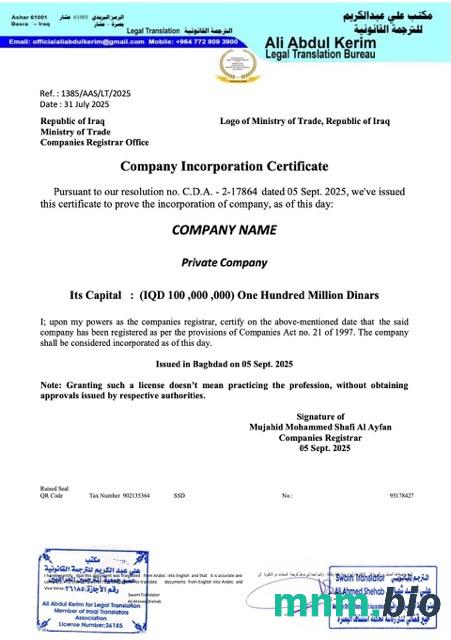 Iraq company inkorporacja vcertyfikat Word i szablon PDF